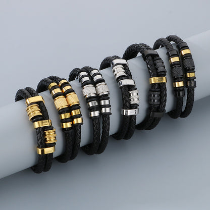 Multi-layered leather braided bracelet made of stainless steel – retro punk design with magnetic clasp