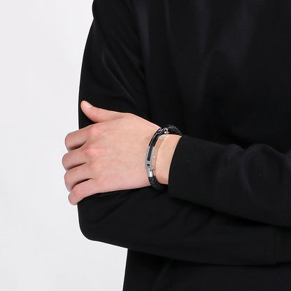 Fashionable men's bracelet made of stainless steel &amp; braided leather - With fiber or steel wire inlays