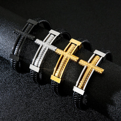 Men's braided leather bracelet with stainless steel cross – Robust men's bracelet