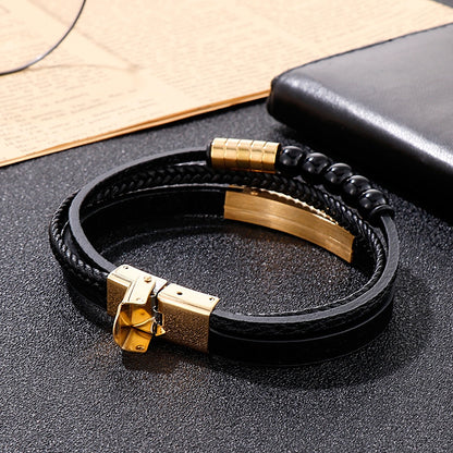 Multi-layer braided leather bracelet with stainless steel &amp; geometric beads – Handmade unique jewelry