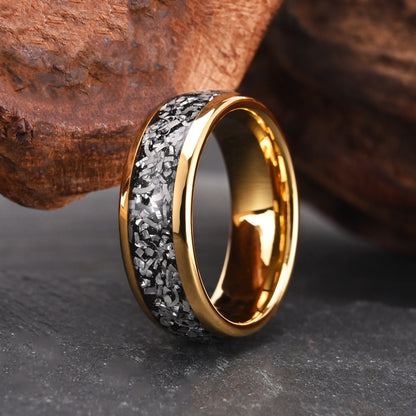 Herrenring aus Wolframcarbid, 8 mm, goldfarben, mit Meteoriteneinlage, modisches Design