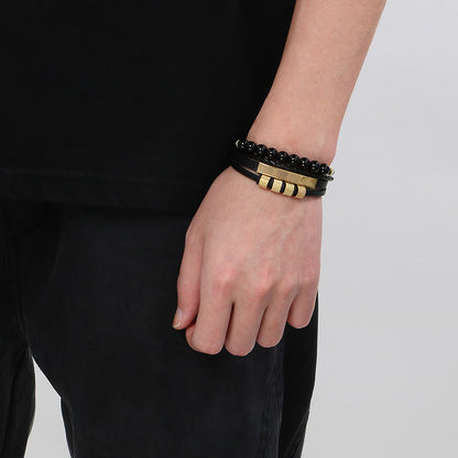 Vintage leather bracelet for men with volcanic stone &amp; magnetic plate – multi-layer microfiber braiding
