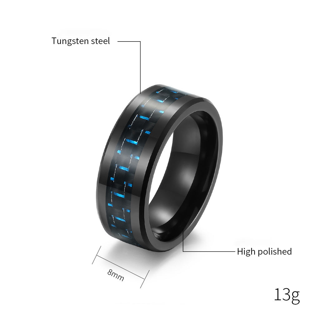 Schwarzer Wolframkarbid Ring mit Carbon-Einsatz - Reiner Schwarz Männerring - 8mm Kratzfester Ehering - Moderner Männerschmuck
