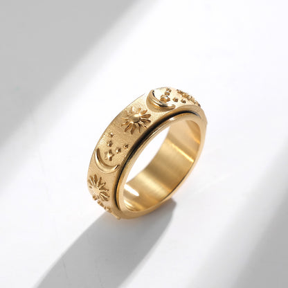 Star-Moon-Sun Titanium Ring | Rotatable Anti-Stress Ring - 316L Stainless Steel with Celestial Motif
