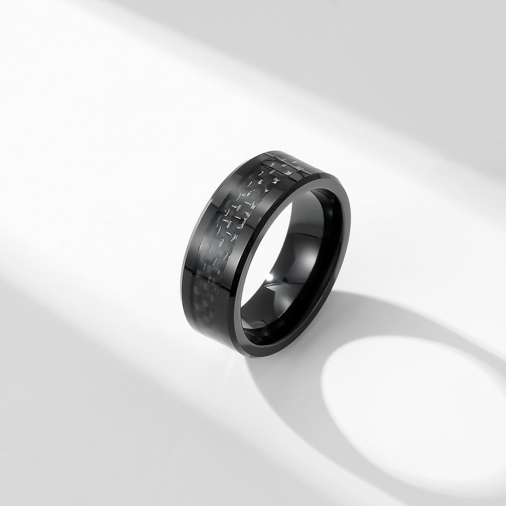 Schwarzer Wolframkarbid Ring mit Carbon-Einsatz - Reiner Schwarz Männerring - 8mm Kratzfester Ehering - Moderner Männerschmuck