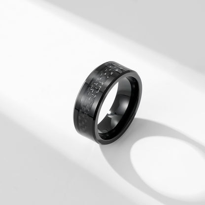 Schwarzer Wolframkarbid Ring mit Carbon-Einsatz - Reiner Schwarz Männerring - 8mm Kratzfester Ehering - Moderner Männerschmuck