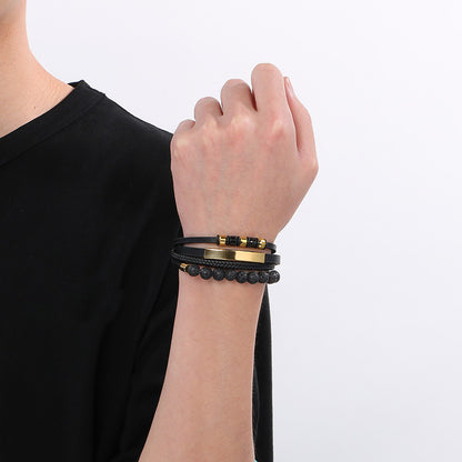 Vintage leather bracelet for men with volcanic stone &amp; magnetic plate – multi-layer microfiber braiding