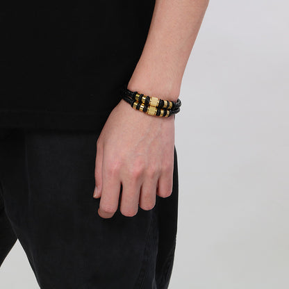 Multi-layered leather braided bracelet made of stainless steel – retro punk design with magnetic clasp