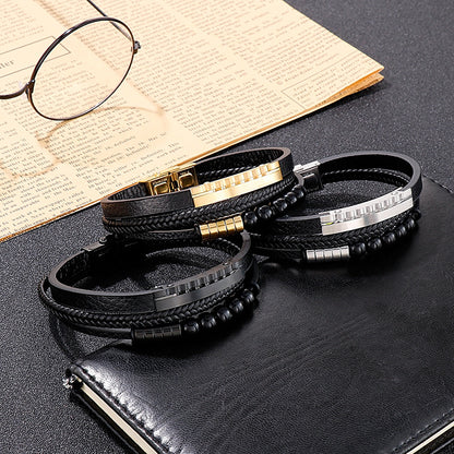 Multi-layer braided leather bracelet with stainless steel &amp; geometric beads – Handmade unique jewelry