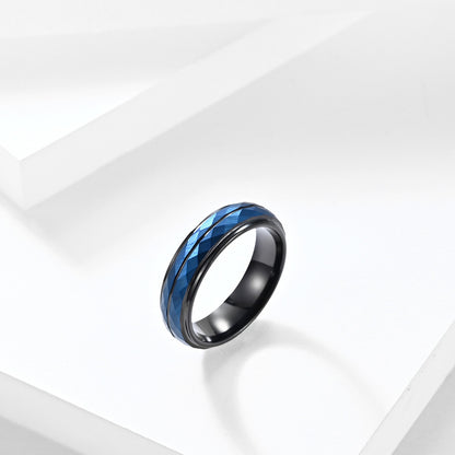 Wolframcarbid-Ring mit Rautenmuster & Schwarz-Blau-Optik – Künstlerisches Herrenaccessoire
