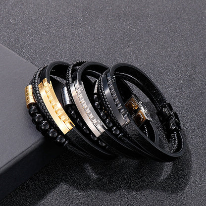 Multi-layer braided leather bracelet with stainless steel &amp; geometric beads – Handmade unique jewelry