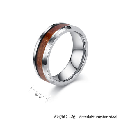 Simple tungsten carbide ring with wood look - 4-6-8mm unisex partner rings - Minimalist wedding rings made of titanium &amp; wood - Scratch-resistant couple rings