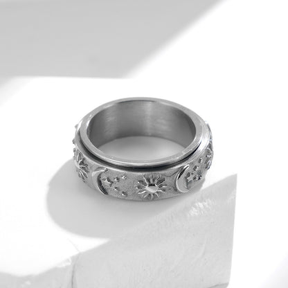 Star-Moon-Sun Titanium Ring | Rotatable Anti-Stress Ring - 316L Stainless Steel with Celestial Motif