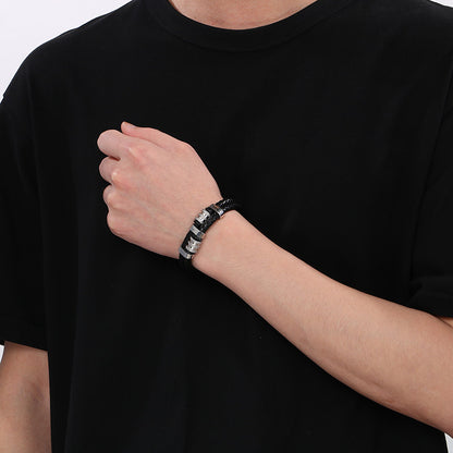 Multi-layered leather braided bracelet made of stainless steel – retro punk design with magnetic clasp