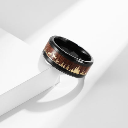 Wild Deer Titanium Steel Ring with Wood Look - Nature-Inspired Men's Jewelry - Forest Motif Wedding Ring - Rustic Wood &amp; Metal Ring