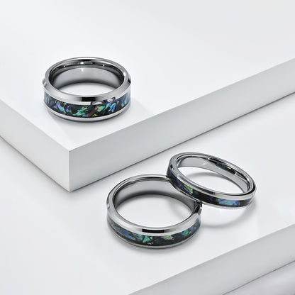 Wolframkarbid Paarringe mit Abalone-Einlage - Edle Partnerringe in Titanoptik - Kratzfeste Hochzeitsringe für Paare - Moderner Unisex-Schmuck