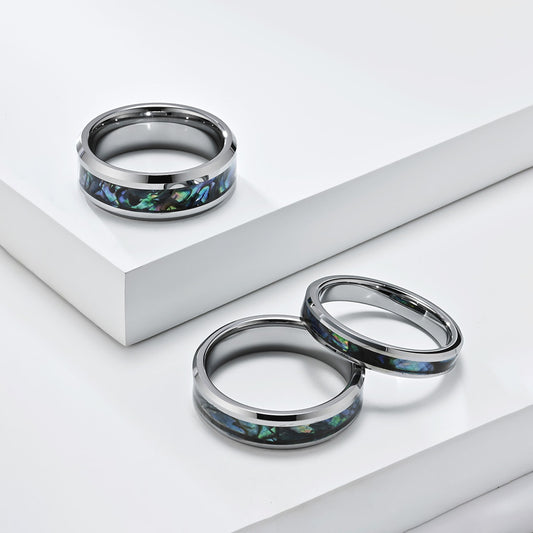 Wolframkarbid Paarringe mit Abalone-Einlage - Edle Partnerringe in Titanoptik - Kratzfeste Hochzeitsringe für Paare - Moderner Unisex-Schmuck