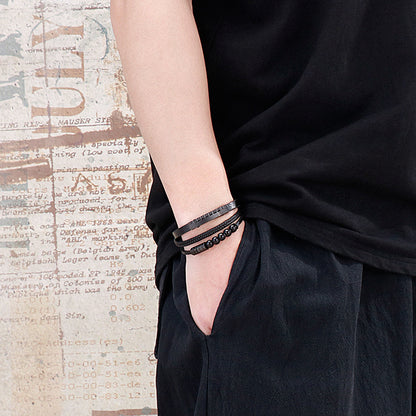 Multi-layer braided leather bracelet with stainless steel &amp; geometric beads – Handmade unique jewelry