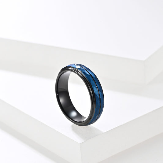 Wolframcarbid-Ring mit Rautenmuster & Schwarz-Blau-Optik – Künstlerisches Herrenaccessoire