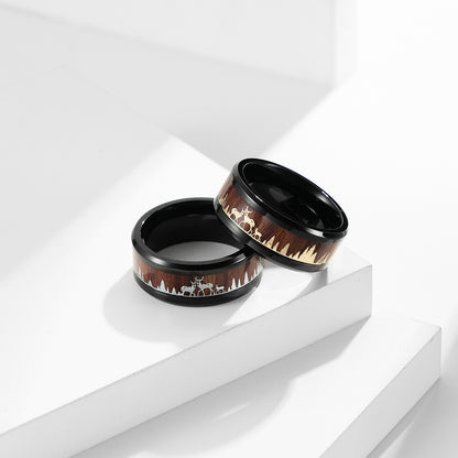 Wild Deer Titanium Steel Ring with Wood Look - Nature-Inspired Men's Jewelry - Forest Motif Wedding Ring - Rustic Wood &amp; Metal Ring