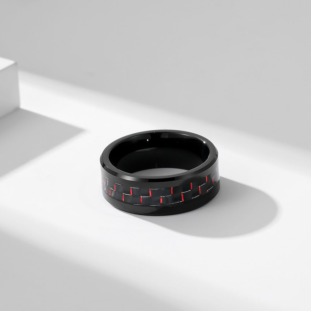 Schwarzer Wolframkarbid Ring mit Carbon-Einsatz - Reiner Schwarz Männerring - 8mm Kratzfester Ehering - Moderner Männerschmuck