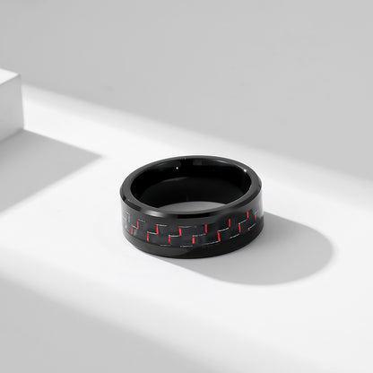 Schwarzer Wolframkarbid Ring mit Carbon-Einsatz - Reiner Schwarz Männerring - 8mm Kratzfester Ehering - Moderner Männerschmuck