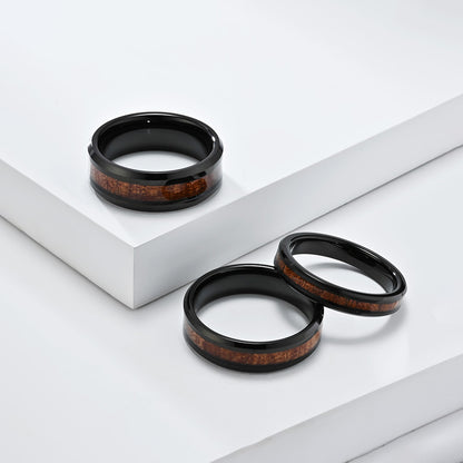 Simple tungsten carbide ring with wood look - 4-6-8mm unisex partner rings - Minimalist wedding rings made of titanium &amp; wood - Scratch-resistant couple rings