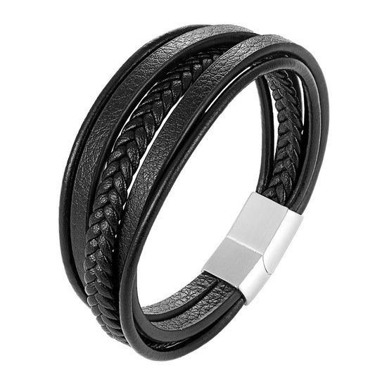 5-lagiges Titanstahl Lederarmband - Schwarz geflochtener Herrenschmuck - Robustes Naturleder-Armband mit Metallakzent