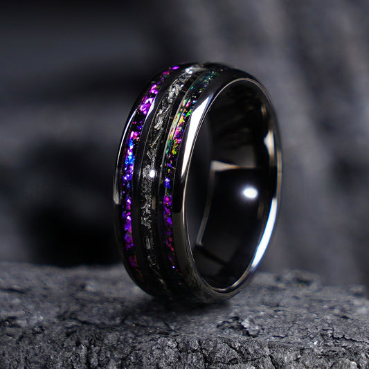 Herrenring aus wolframcarbid, 8 mm, gunmetal plattiert, mit Galaxie-Design an den Rändern und Eisenspänen in der Mitte