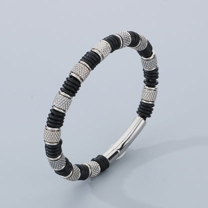 Stainless steel bracelet for men with microfiber leather insert – Timeless pearl design for business &amp; leisure