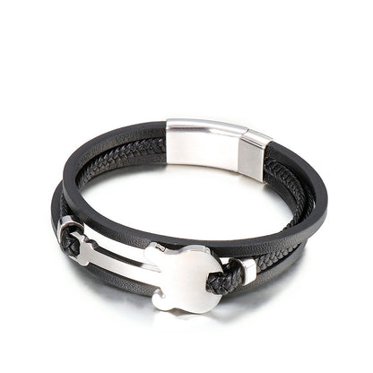 Titanium steel bracelet with mini guitar pendant – multi-layer braided leather strap in vintage design