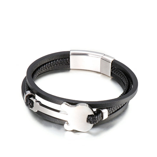 Titanium steel bracelet with mini guitar pendant – multi-layer braided leather strap in vintage design
