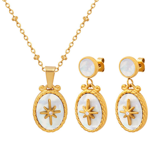 White shell star pendant set with zirconia | Stainless steel jewelry in 18K gold or high-gloss silver - Includes ear studs