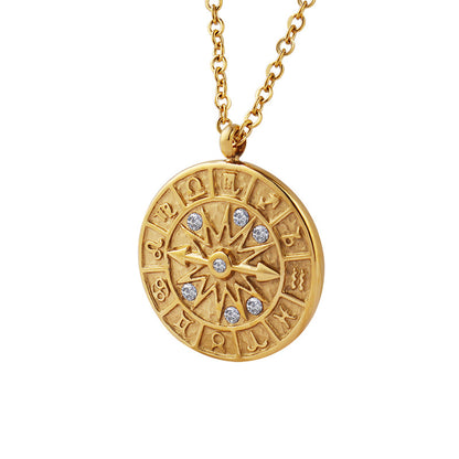 Retro medal pendant with zirconia &amp; relief dial – stainless steel chain in gold or silver