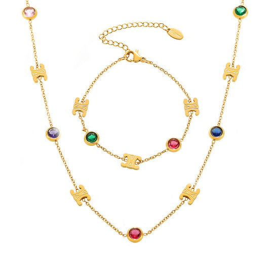 Elegant zircon jewelry set (necklace + bracelet) made of steel - PVD gold-plated in 2 colors | Gold &amp; silver | High-quality women's jewelry gift