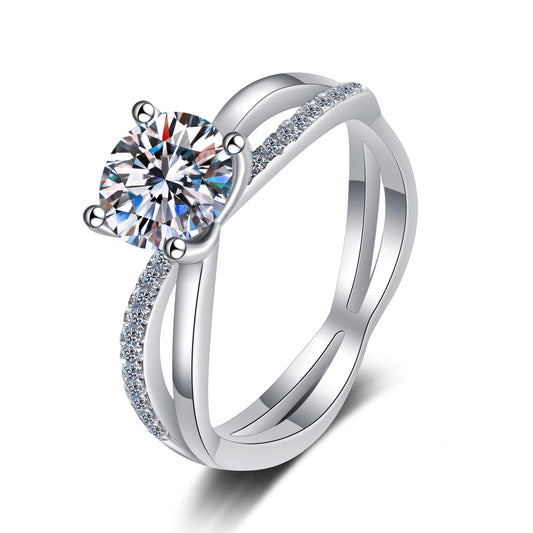 Four-claw zirconia ring (1ct) with intertwined cable band – 925 sterling silver rhodium-plated