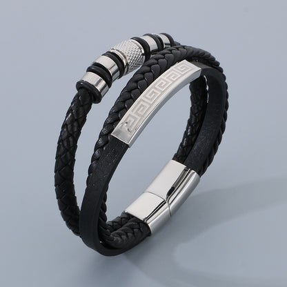 Men's titanium steel bracelet - multi-layer leather braid with curved stainless steel sheet and magnetic clasp