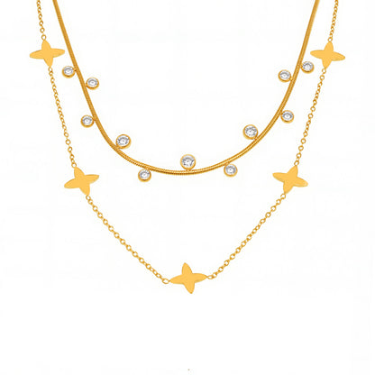 Lucky clover pendant necklace with zirconia and pearls – 18K gold-plated stainless steel or silver look for stylish layering