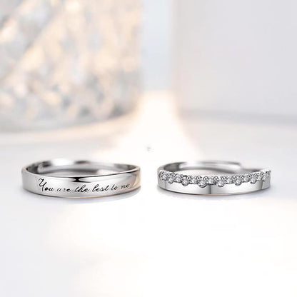 S925 Sterling Silver 'You Are The Best To Me' Couple Rings - Adjustable Size, Rhodium-plated White Gold Finish with Sparkling Zirconia Stones