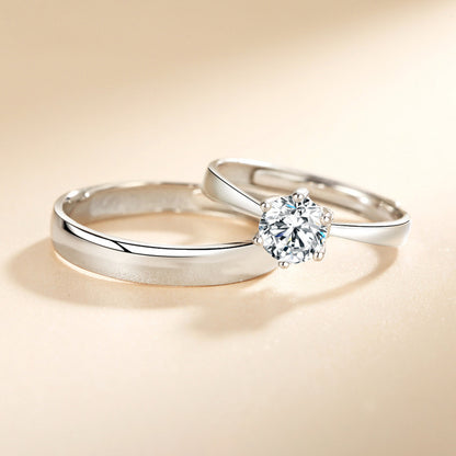 S925 Sterling Silver Couple Rings (6-Prong) - Rhodium-plated white gold look, adjustable &amp; with cubic zirconia