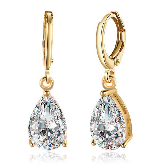 Teardrop zirconia ear clips - copper gold-plated (2.8 cm length)