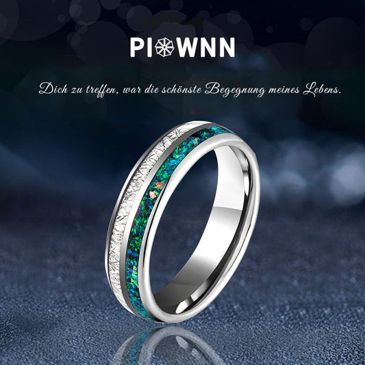 Wolframcarbid-Ring mit Sternenstaub-Silberfolie & Opaleinlage – 6 mm, unisex, gravurfähig