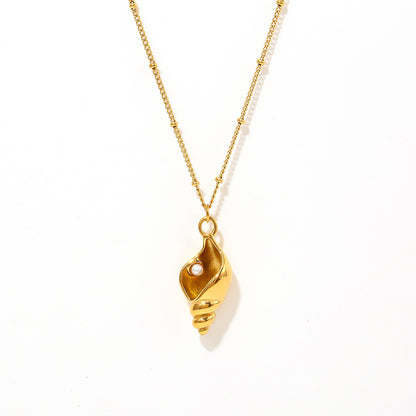 Snail shell pendant necklace with faux pearl | Stackable stainless steel set - 18k gold or high-gloss silver finish
