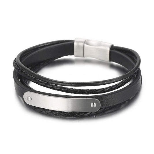 Multi-layered leather bracelet with stainless steel & magnetic plate – hand-woven unique jewelry