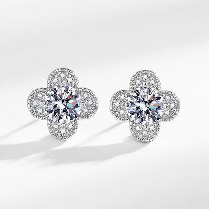 Lucky clover earrings with zirconia - copper rhodium-plated (white gold look)