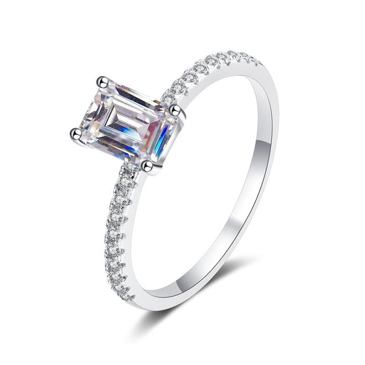Radiant-cut cubic zirconia ring with 4-claw setting | 1ct main stone (5x7mm) in pavé sterling silver with rhodium plating