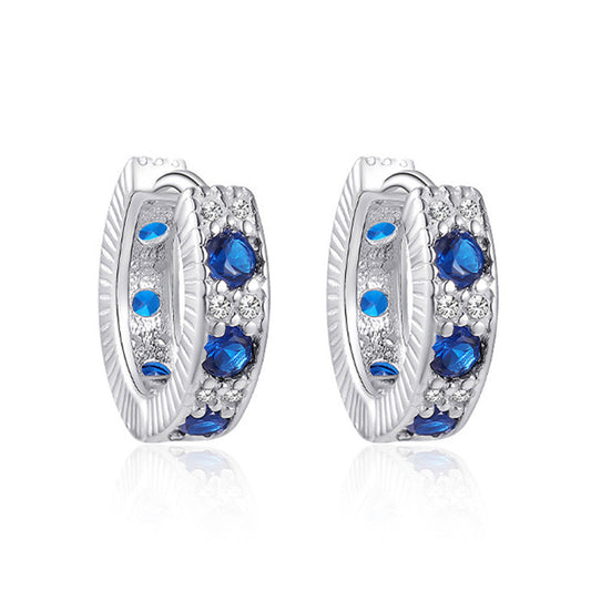 Retro-vintage earrings with blue zirconia - copper rhodium-plated (18K white gold look), Ø1.2cm x 0.4cm