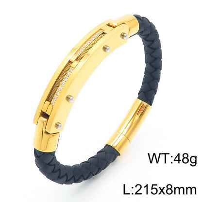 Men's bracelet with steel wire inlay – braided stainless steel leather strap