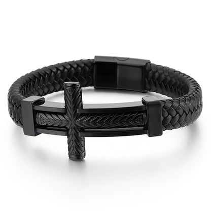 Men's braided leather bracelet with stainless steel cross – Robust men's bracelet