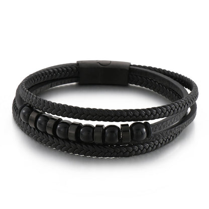 Multi-layered black leather bracelet with stainless steel accents – Hand-woven unique jewelry